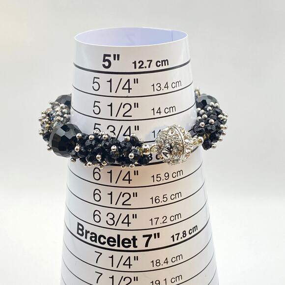 Signed "A" Glass Silver Tone Bead Bracelet Magnetic Rhinestone Disco Ball Clasp - Picture 6 of 6